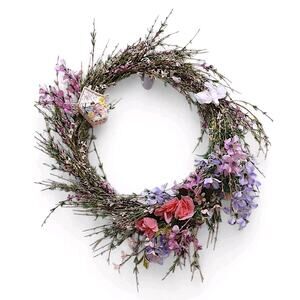 Spring Summer Door Wreath 18" Field of Flowers Crochet Feather Bird House Wall